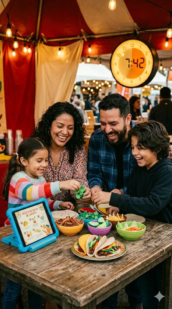 Plush Kitchen station: family building a plush carnitas plate