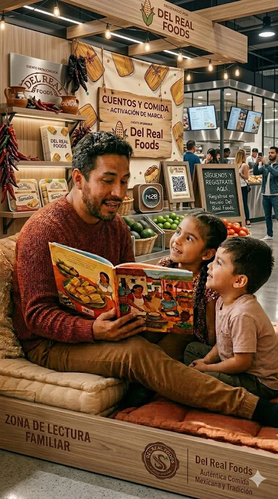 Story Table station: a parent reading an illustrated tale to their kids